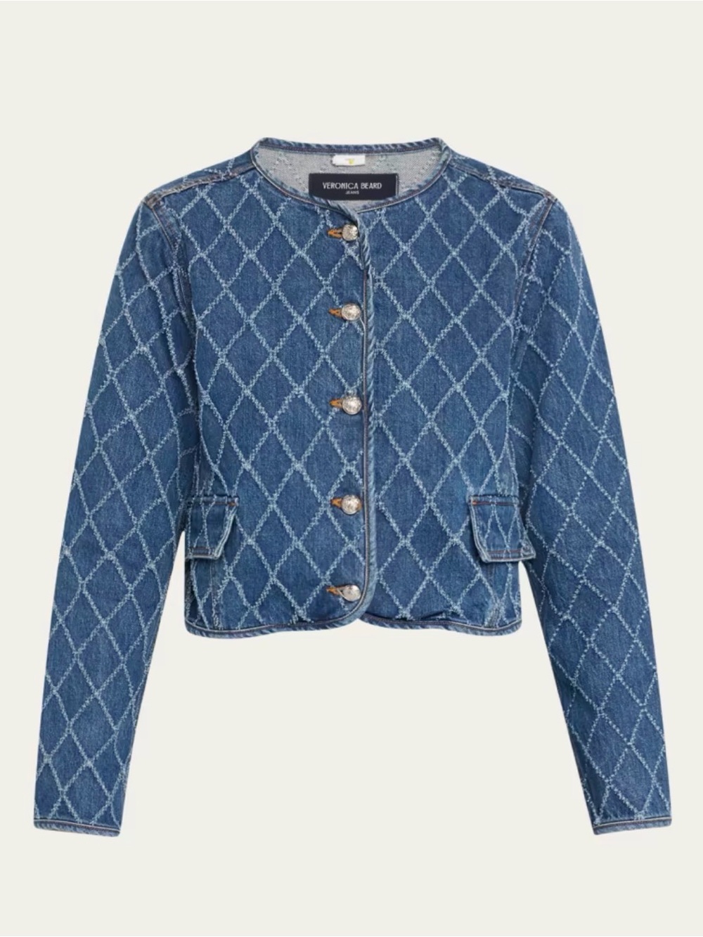 Veronica Beard Medium Blue Quilted-Pattern Cropped Denim Jacket